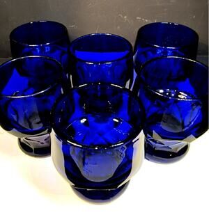2053.  Set of 6 Dark Cobalt Blue Honeycomb Glass Tumblers MCM 4 Inch